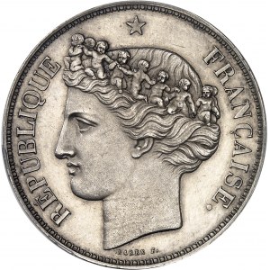IIe République (1848-1852). Essai de 5 francs, frappe uniface d’avers en bronze-argenté, concours de 1848, par Barre ND (1848), Paris.
