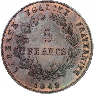 IIe République (1848-1852). Essai de 5 francs, sur flan en cuivre, concours de 1848, par Dieudonné, Frappe spéciale (SP) 1848, Paris.