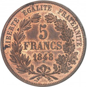 IIe République (1848-1852). Essai de 5 francs, sur flan en cuivre, concours de 1848, par Domard, Frappe spéciale (SP) 1848, Paris.