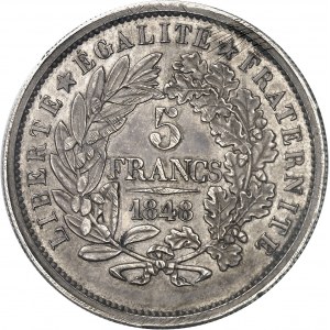 IIe République (1848-1852). Essai-piéfort de 5 francs en argent, concours de 1848, 2e type par Farochon, Frappe spéciale (SP) 1848, Paris.