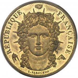 IIe République (1848-1852). Essai de 5 francs, sur flan en cuivre jaune, concours de 1848, 2e type par Farochon, Frappe spéciale (SP) 1848, Paris.