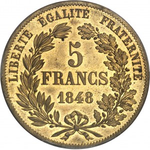 IIe République (1848-1852). Essai de 5 francs, sur flan en cuivre jaune, concours de 1848, 2e type par Farochon, Frappe spéciale (SP) 1848, Paris.