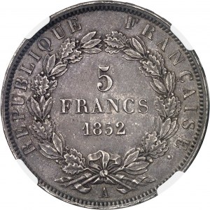 Druhá republika (1848-1852). 5 franků J. J. BARRE, 2. proof, zvýšený okraj 1852, A, Paříž.