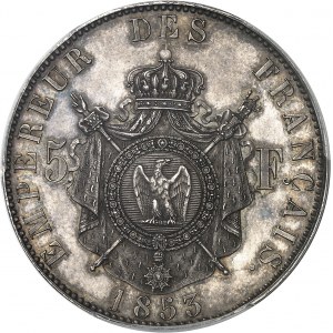 Second Empire / Napoléon III (1852-1870). Essai de 5 francs tête nue, par Bouvet, Frappe spéciale (SP) 1853, Paris.