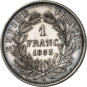 Second Empire / Napoléon III (1852-1870). 1 franc tête nue, Flan bruni (PROOF) 1853, A, Paris.