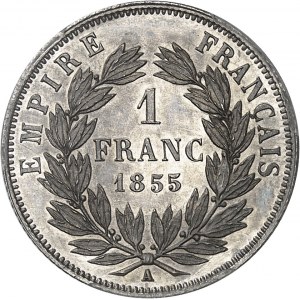 Second Empire / Napoléon III (1852-1870). 1 franc tête nue, Flan bruni (PROOF) 1855, A, Paris.