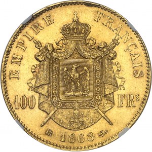 Second Empire / Napoléon III (1852-1870). 100 francs tête laurée 1868, BB, Strasbourg.