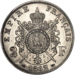 Second Empire / Napoléon III (1852-1870). Essai de 2 francs tête laurée, au double différent ancre, tranche lisse, Frappe spéciale (SP) 1862, E, Paris.