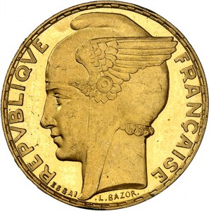 IIIe République (1870-1940). Essai de 100 francs Bazor, en cuivre doré, Flan bruni (PROOF) 1935, Paris.