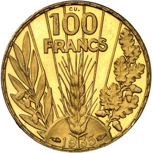IIIe République (1870-1940). Essai de 100 francs Bazor, en cuivre doré, Flan bruni (PROOF) 1935, Paris.