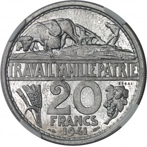 French State (1940-1944). Essai-piéfort de 20 francs Pétain en aluminium, by H. Bouchard 1941, Paris.
