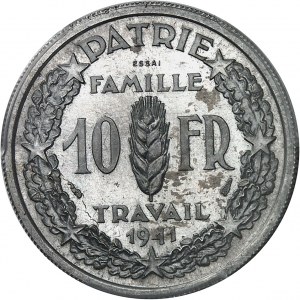 État Français (1940-1944). Essai de 10 francs Pétain en aluminium par Simon, Frappe spéciale (SP) 1941, Paris.