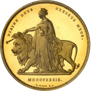 Victoria (1837-1901). 5 pounds (5 livres) Una and the lion, 6-roll and 11-leaf headbands, Burnished flan (PROOF) 1839, London.