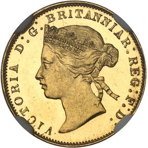 Victoria (1837-1901). Essai de 5 francs international ou double florin, tranche lisse, par William Wyon, Flan bruni (PROOF) 1868, Londres.