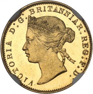 Victoria (1837-1901). Essay of 5 francs international or double florin, smooth edge, by William Wyon, Flan bruni (PROOF) 1868, London.