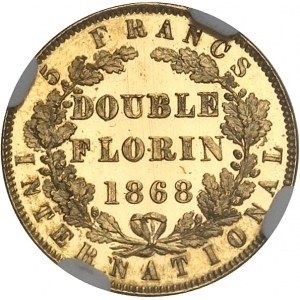 Victoria (1837-1901). Essai de 5 francs international ou double florin, tranche lisse, par William Wyon, Flan bruni (PROOF) 1868, Londres.