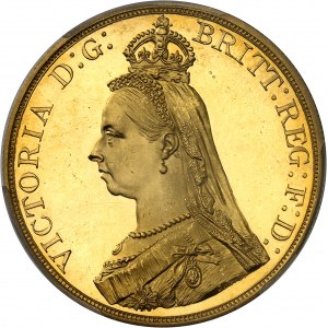 Victoria (1837-1901). 5 livres (5 pounds), jubilé de la Reine, Flan bruni (PROOF) 1887, Londres.