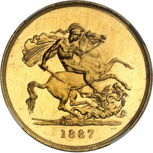 Victoria (1837-1901). 5 livres (5 pounds), jubilé de la Reine, aspect Flan bruni (PROOFLIKE) 1887, Londres.