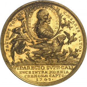 Savoy, Victor-Amédée II (1675-1730). Złoty medal w module 20 dukatów, zdobycie miasta Cremona przez księcia Eugeniusza Sabaudzkiego i schwytanie marszałka de Villeroy, autorstwa P. Müllera, specjalne uderzenie (SP) 1702, Augsburg.