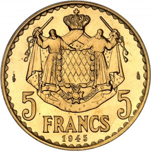 Louis II (1922-1949). Essai de 5 francs en Or, Frappe spéciale (SP) 1945, Paris.