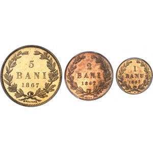 Charles Ier, Prince (1866-1881). Lot de 1 banu, 2 et 5 bani, Frappes spéciales (SP) 1867, Heaton.