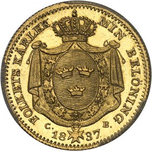 Charles XIV Jean (1818-1844). Ducat, aspect Flan bruni (PROOFLIKE) 1837 CB, Stockholm.