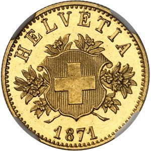 Confédération Helvétique (1848 à nos jours). Essai de 20 francs HELVETIA par C. Voigt, Flan bruni (PROOF) 1871, B, Berne.