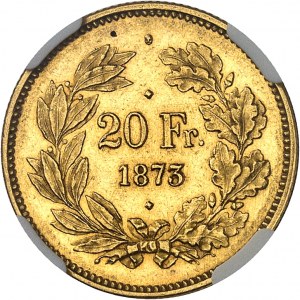 Confédération Helvétique (1848 à nos jours). Essai de 20 francs HELVETIA par L. Wiener 1873, tête d’ange, Bruxelles.
