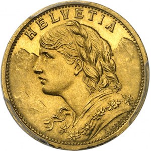 Confédération Helvétique (1848 à nos jours). Essai de 20 francs Vreneli, or des mines de Gondo en Valais, avec petite croix, frappe spéciale (SP) 1897, B, Berne.
