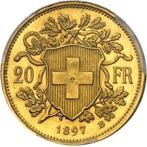 Confédération Helvétique (1848 à nos jours). Essai de 20 francs Vreneli, or des mines de Gondo en Valais, avec petite croix, frappe spéciale (SP) 1897, B, Berne.