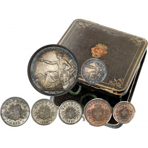 Confédération Helvétique (1848 à nos jours). Coffret de présentation du nouveau système décimal, avec 1, 2, 5, 10 et 20 rappen, 1/2, [1, 2] et 5 francs (1 et 2 francs sont manquantes) 1850 (1851), A, Paris et BB, Strasbourg.