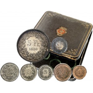 Confédération Helvétique (1848 à nos jours). Coffret de présentation du nouveau système décimal, avec 1, 2, 5, 10 et 20 rappen, 1/2, [1, 2] et 5 francs (1 et 2 francs sont manquantes) 1850 (1851), A, Paris et BB, Strasbourg.