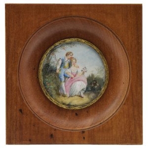 Pittore non specificato, francese, XIX secolo, Coppia nel parco - miniatura