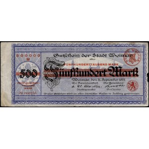 Germany. Weimar City 500000 Marks 1923 Over 500 Marks 1922