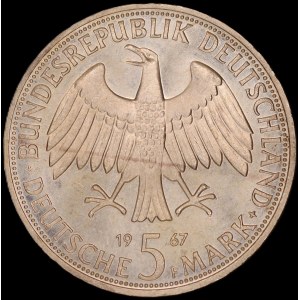 Germany. BDR 5 Mark 1967 F Stuttgart Wilhelm and Alexander von Humboldt Silver