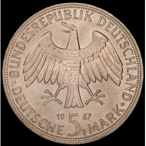 Germany. BDR 5 Mark 1967 F Stuttgart Wilhelm and Alexander von Humboldt Silver