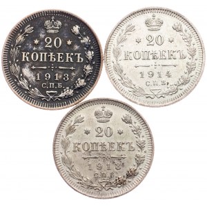 Russia - Nicholas II. , 20 Kopecks 1913, 1914 СПБ - LOT - 3 pcs