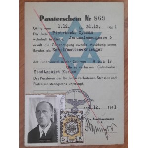 Kielce.Passierschein nr 869 na nazwisko PIOTRKOWSKI ZYSMAN