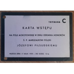 Karta Wstępu na Pole Mokotowskie w dniu oddania honorów Ś.P. Marszałkowi Polski Józefowi Piłsudskiemu