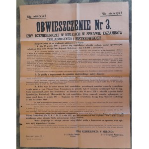Kielce.Afisz Obwieszczenie nr 3 Izby Rzemieślniczej w Kielcach.