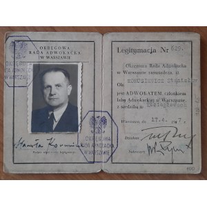 Legitymacja Okręgowej Rady Adwokackiejnr.629 na nazwisk Stanisław Korsiewicz