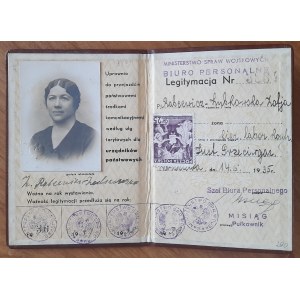 Legitymacja Ministertwa Spraw Wojskowych nr 3834 dla Zofji Rabeewicz