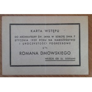 Dmowski Roman.Karta Wstępu do Archikatedy św.Jana dnia 7.o1.1939 r.
