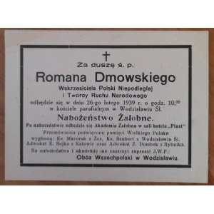 Zaproszenie wydane przez Obóz Wszechpolski w Wodzisławiu na mszę za duszę śp Rmana Dmowskiego