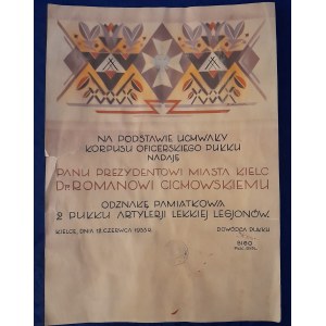 Diploma 2 p.a.l. Kielce for the Mayor of the City of Kielce Roman Cichowski.