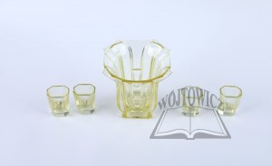 WAZON z huty szkła Zawiercie + 4 kieliszki w stylistyce art deco, ata 30. XX w.
