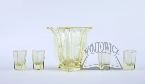 WAZON z huty szkła Zawiercie + 4 kieliszki w stylistyce art deco, ata 30. XX w.
