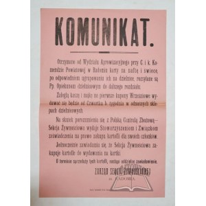 KOMUNIKAT. Otrzymane od Wydziału Aprowizacyjnego