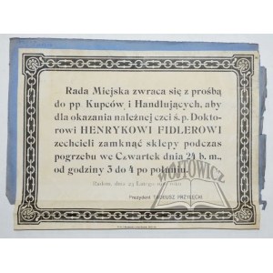 (OGŁOSZENIE). Rada Miejska zwraca się z prośbą do pp Kupców i Handlujących,