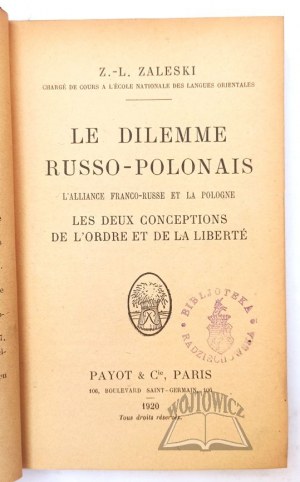 ZALESKI Zygmunt Lubicz, Le Dilemme Russo-Polonais.